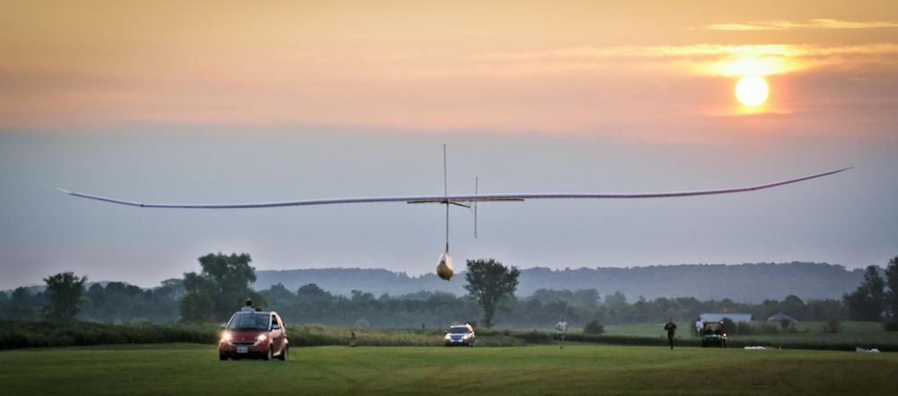 The human-powered ornithopter during an early-morning test flight